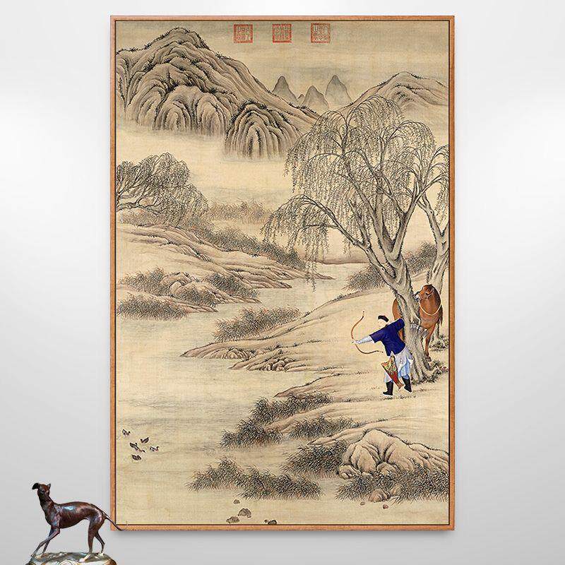 乾隆皇帝画像弓箭狩猎图郎世宁画新中式装饰画走廊过道竖版挂画