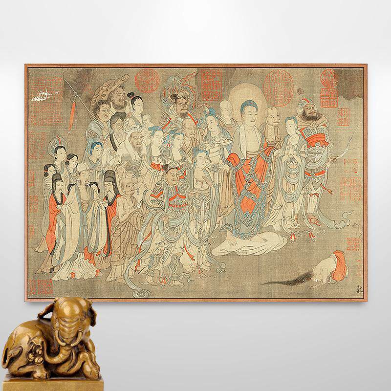 燃灯佛授记释迦文图佛像挂画茶室禅房佛堂客厅装饰画禅意壁画仿古图片