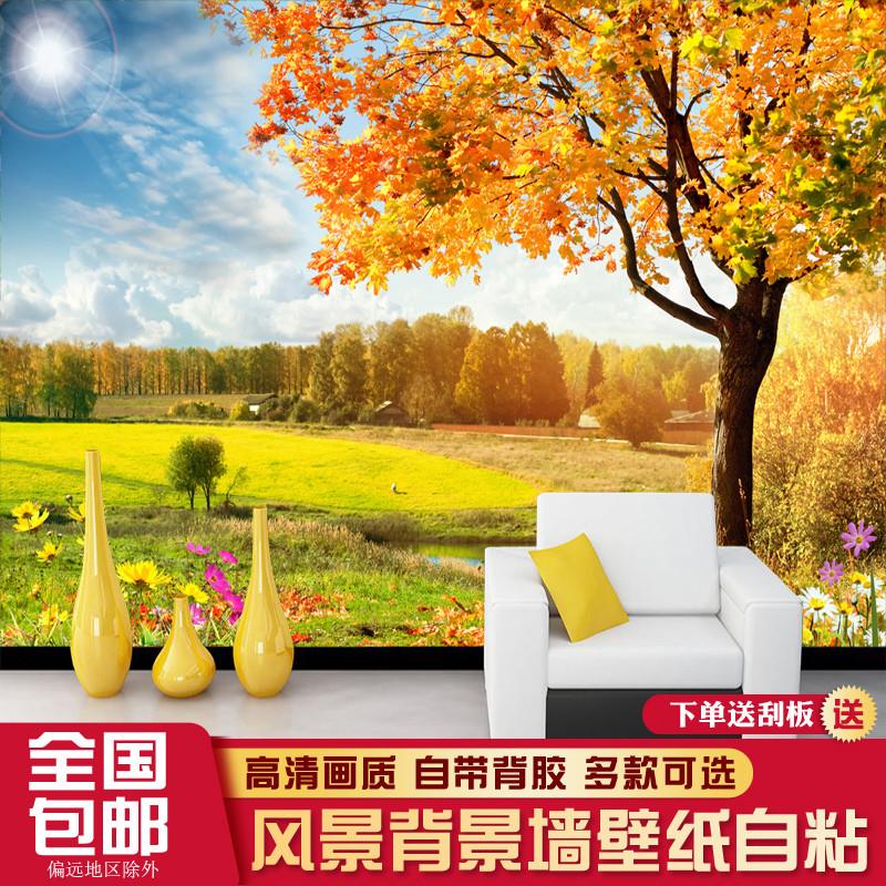 3d立体背景墙自粘贴画风景喷绘壁纸现代装饰简约客厅电视沙发墙画图片
