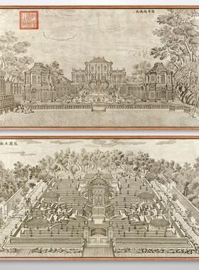 郎世宁圆明园清代宫廷建筑装饰画客厅新中式走廊过道挂画横版壁画