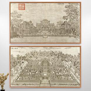 走廊过道挂画横版 壁画 饰画客厅新中式 郎世宁圆明园清代宫廷建筑装