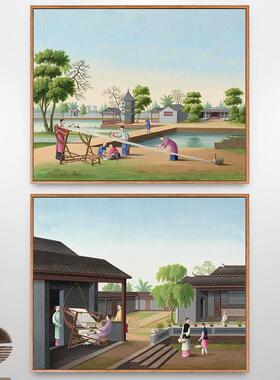 古代棉花纺织棉布传统文化工艺布料织布挂画新中式装饰画古风壁画