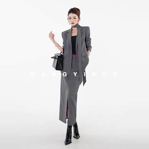 新款撞色系带西装套装女