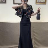 开叉新款 短款 小个子时尚 裙气质印花叠穿小外套短袖 两件套 套装 夏季