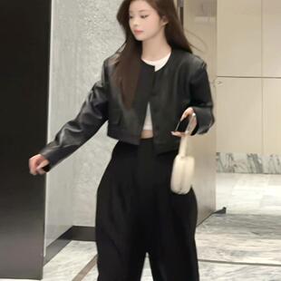 韩国东大门2025春装新款百搭圆领单排扣宽松长袖皮衣短外套上衣女