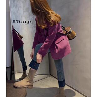 2025新款今年流行小个子西服气质休闲紫色灯芯绒西装外套女秋冬款