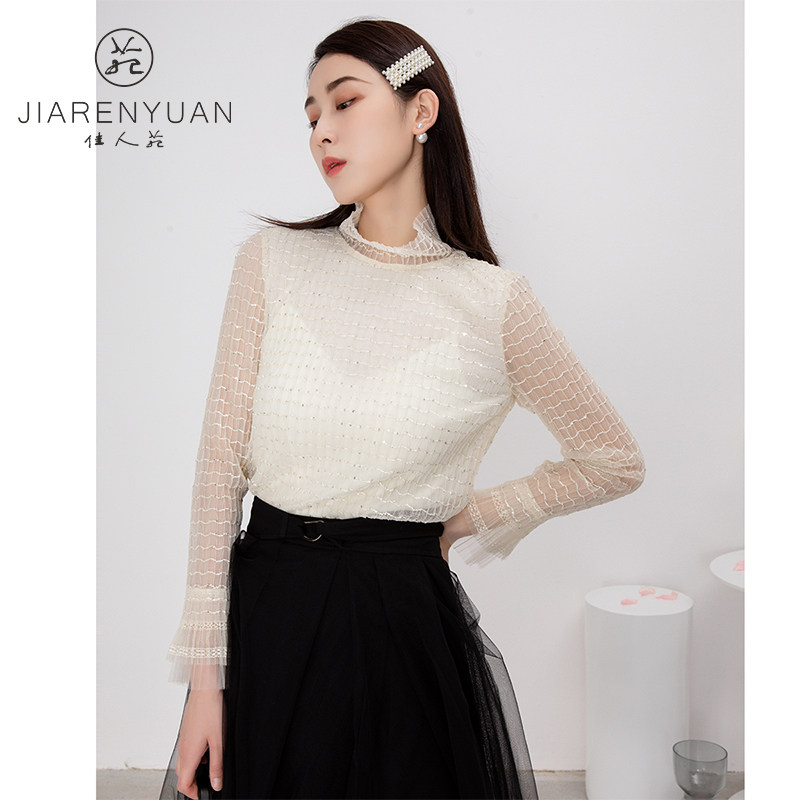 佳人苑打底衫女2021年新款冬装网纱拼接蕾丝洋气上衣黑色小衫小众
