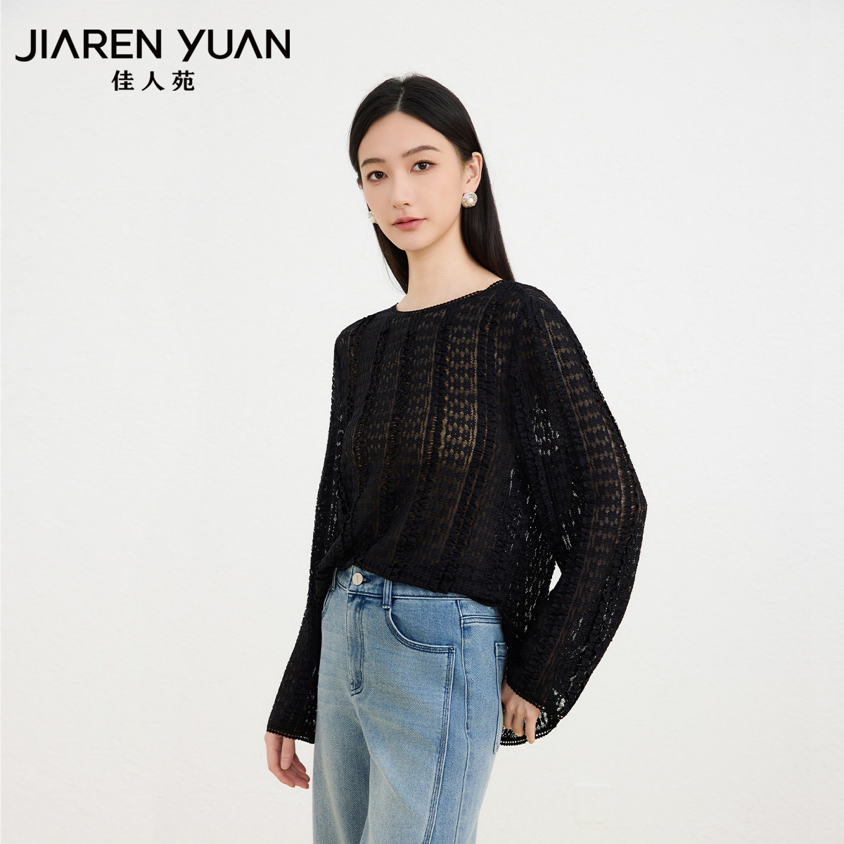佳人苑蕾丝雪纺衫圆领