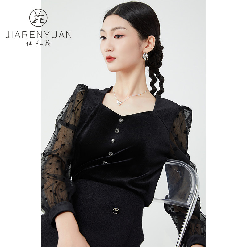 佳人苑雪纺衫女2024年春季法式方领丝绒网纱植绒蝴蝶纹上衣气质