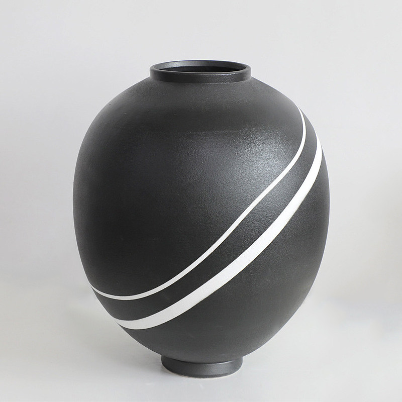 禅意大号粗陶釉黑陶瓷花器摆件