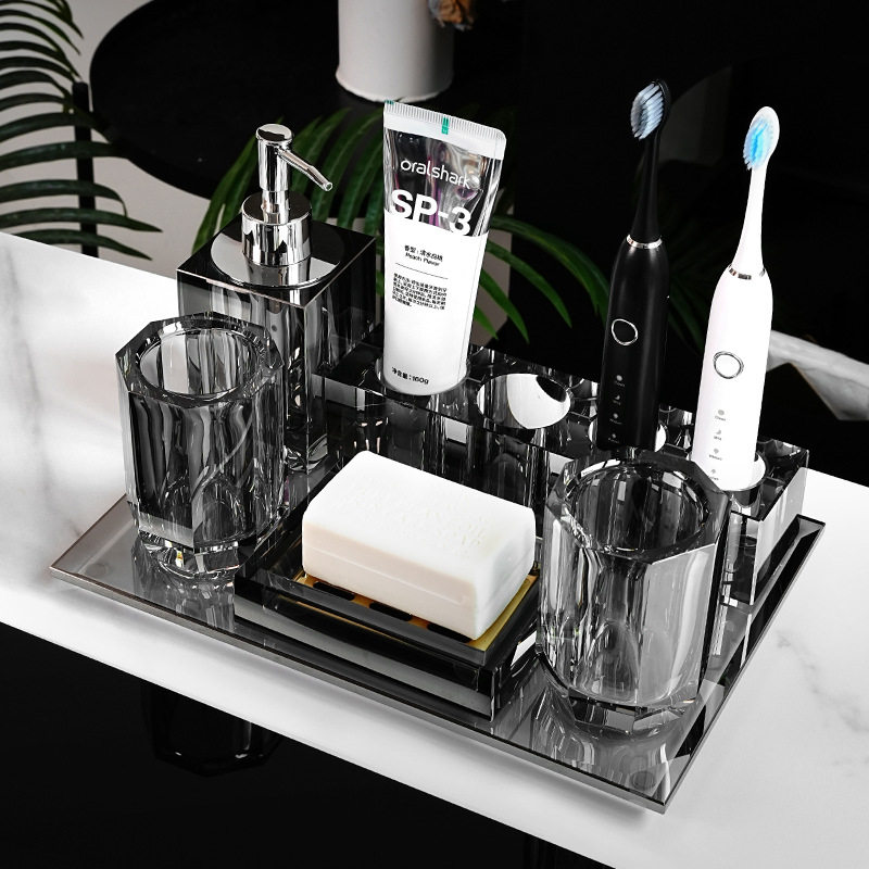 酒店卫生间装饰品摆件高级感灰色水晶卫浴洗漱套装水晶长方形托盘,家居饰品,桌面摆件,淘宝优惠券,粉丝福利购,淘宝优惠卷