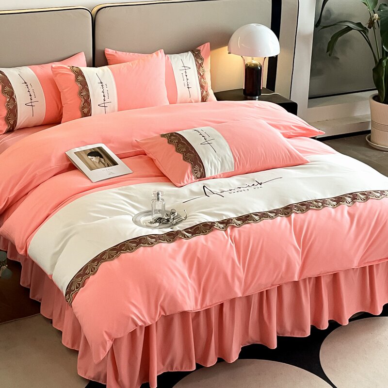 韩版刺绣蕾丝花边公主床裙四件套全棉被套床笠单被罩纯棉三件套春