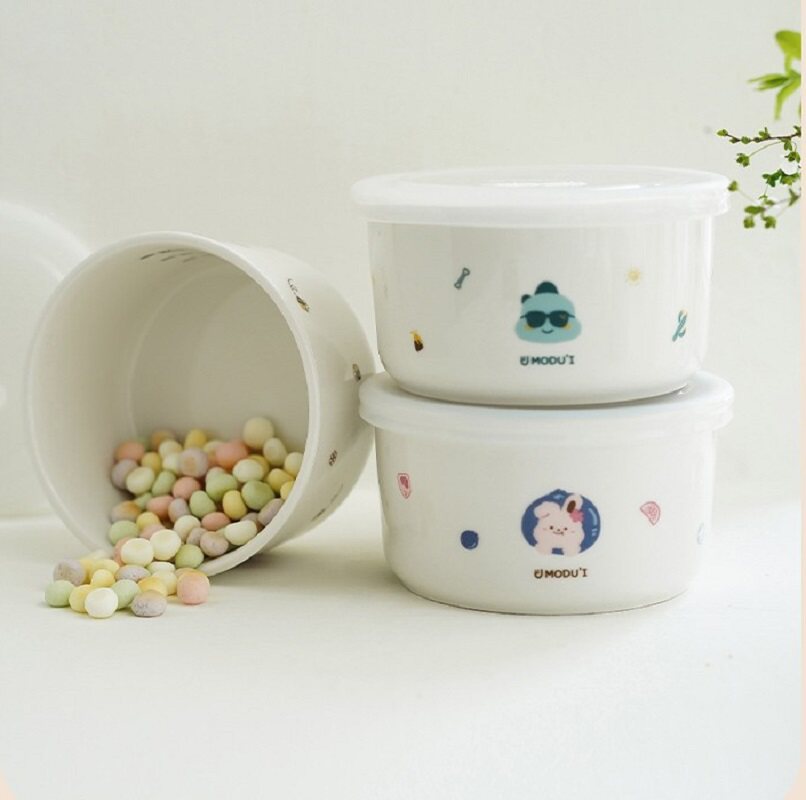 韩国modui儿童辅食罐保鲜盒密封带盖宝宝陶瓷卡通儿童微波蒸煮碗