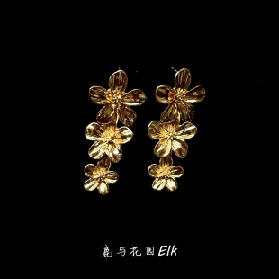 古着 vintage中古金色花朵耳钉女复古夸张耳饰 鹿与花园 花影摇金