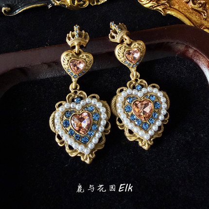 鹿与花园《甜心桃语》重工巴洛克爱心钻石耳钉女精致复古耳坠女