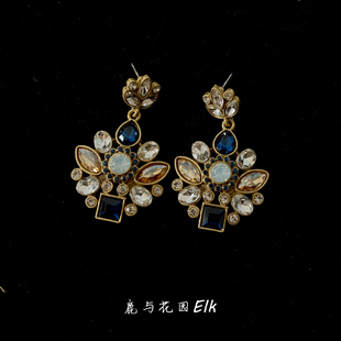 鹿与花园 中古vintage复古轻奢重工耳钉925银针女饰品 蓝庭冠冕