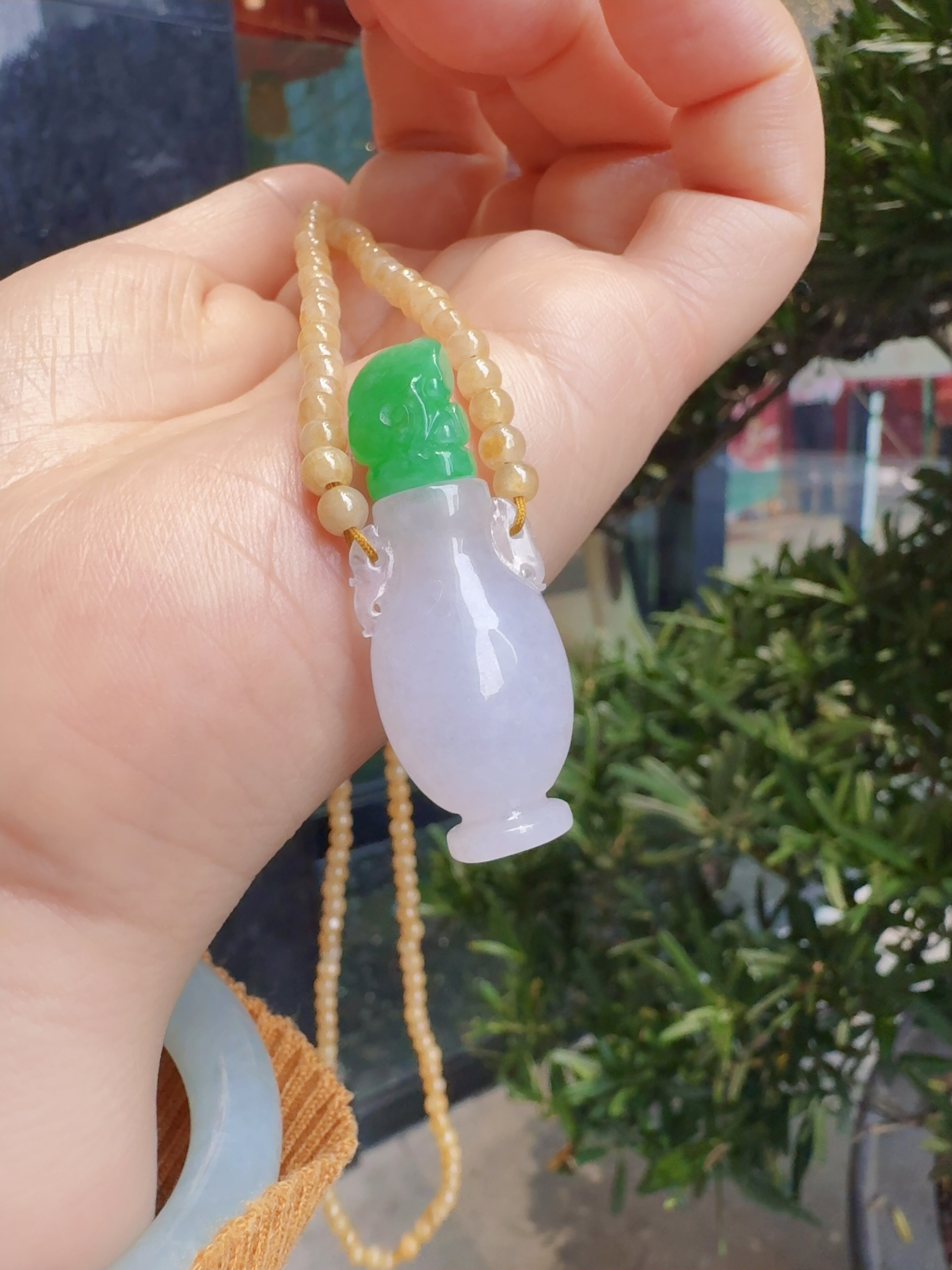 天然缅料A货翡翠紫罗兰阳绿宝瓶花瓶吊坠套链