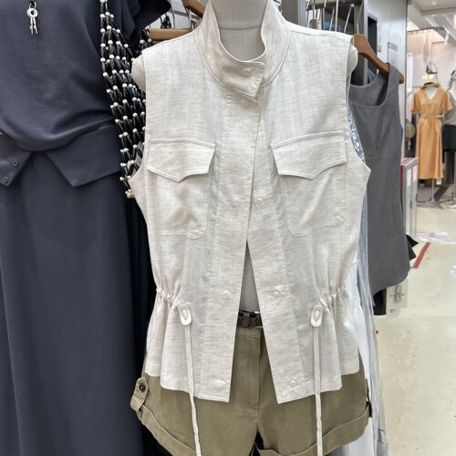 2026春夏韩版棉麻立领马甲女收腰系带双口袋无袖简约时尚百搭外套