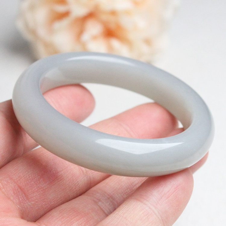 纯天然和田玉手镯51mm青海料烟青玉手镯女款宽条烟灰玉镯子平安镯