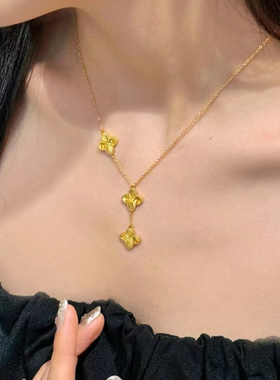 四叶草五花沙金项链仿真黄金鱼鳞爆闪轻奢高级感精致锁骨链送女友