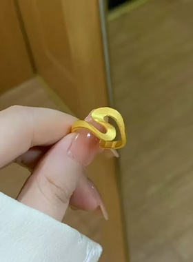 几何飘带沙金戒指古法仿真黄金色轻奢波浪丝绸指环高颜值开口祥云