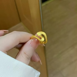 几何飘带沙金戒指古法仿真黄金色轻奢波浪丝绸指环高颜值开口祥云
