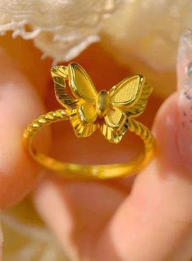 双层蝴蝶戒指花蝶梦沙金指环小众