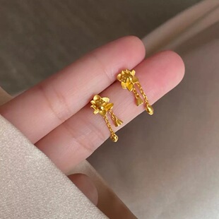 莲花耳钉女仿真黄金点钻新中式轻奢高级感耳环耳饰送女友礼物