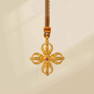 十字金刚杵沙金吊坠女琳琅法彩镶红宝石编绳项链毛衣链仿真黄金色