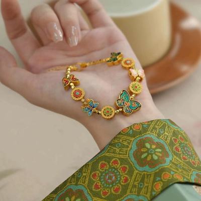 蝴蝶手链仿真黄金沙金烧蓝琳琅彩花朵手串轻奢高级感送女友礼物