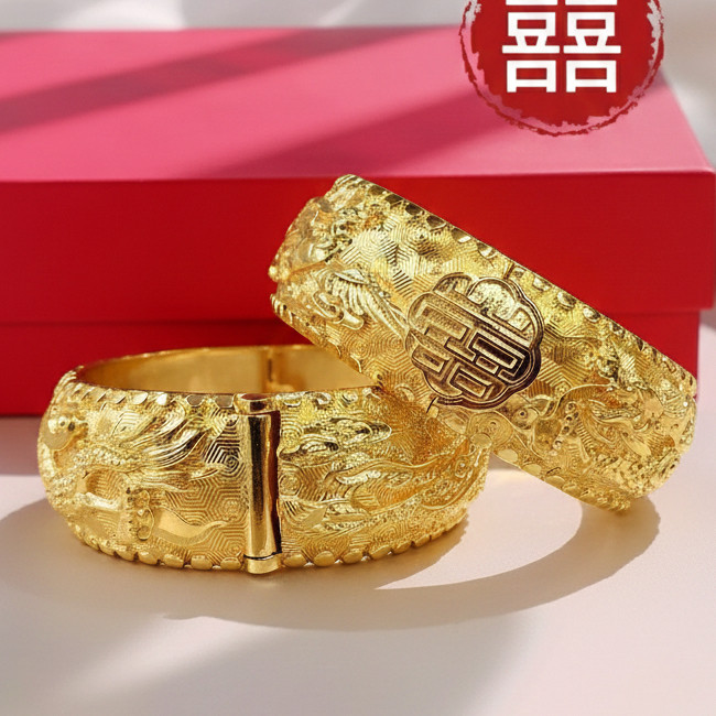 新款龙凤手镯沙金仿真黄金新娘结婚假三金饰品精工喜字柔软款镯