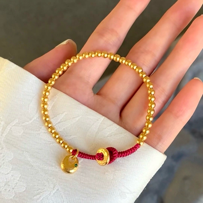 小胖福红绳沙金手链仿真黄金实心圆珠小金坨手串轻奢高级感编织女