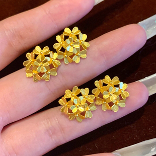 绣球花耳钉女款新中式黄金色沙金花塔戒指婚嫁戒花朵仿真假三金
