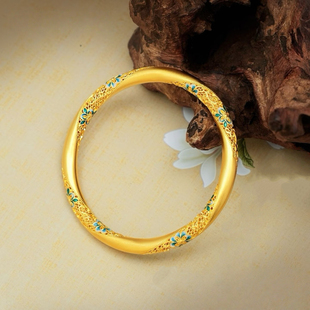 青花珐琅彩手镯仿真黄金花丝轻奢小众精致五金镂空新中式金色镯子