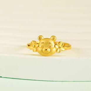 小熊戒指女黄金色可爱卡通开口可调节素圈指环高级感小清新