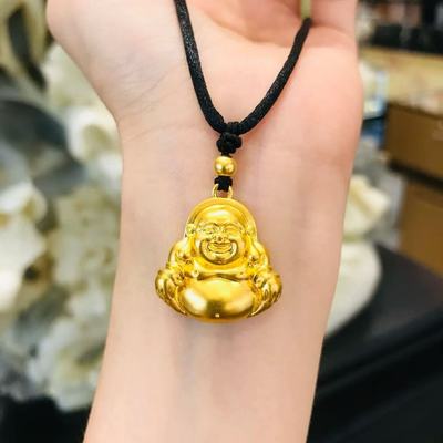 弥勒佛吊坠仿真黄金沙金项链大肚本命笑佛挂坠毛衣链金店同款实心