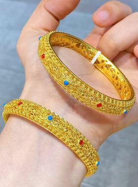 镂空花丝沙金手镯仿真黄金皇后实心宫廷风轮胎花朵新中式婚嫁镯子