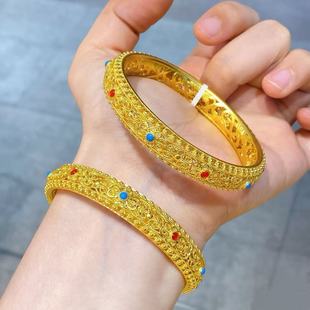 镂空花丝沙金手镯仿真黄金皇后实心宫廷风轮胎花朵新中式婚嫁镯子