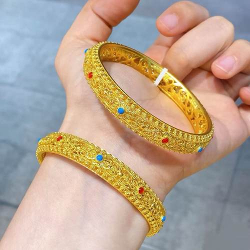 镂空花丝沙金手镯仿真黄金皇后实心宫廷风轮胎花朵新中式婚嫁镯子