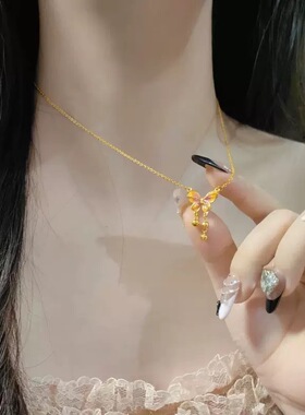 烟雨梦蝶沙金项链女蝴蝶套链仿真黄金轻奢琳琅彩流苏锁骨链送女友