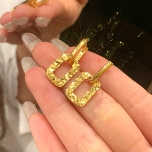 碎冰冰方形耳扣仿真黄金沙金耳饰轻奢高级感送女友镀金新年耳环