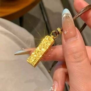 四方来财碎冰冰吊坠实心小方砖项链仿真黄金沙金金店同款锁骨链女