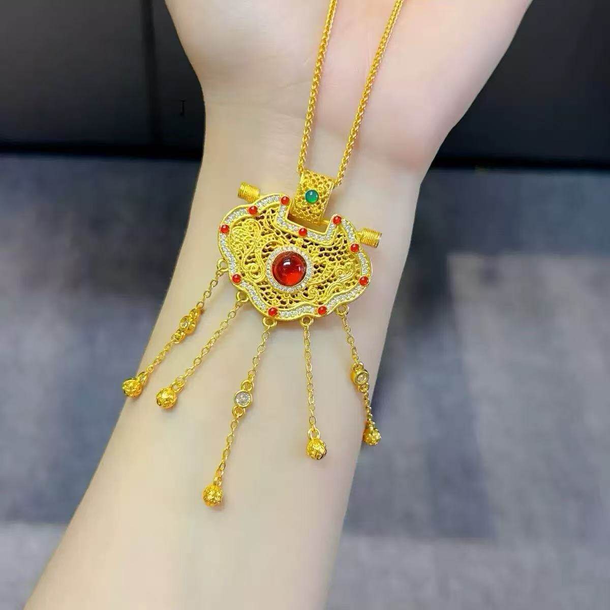 龙凤锁包仿真黄金锁沙金吊坠琳琅彩古法如意新中式挂坠项链毛衣链