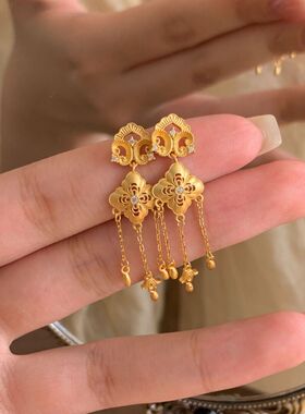 四叶花流苏耳钉仿真黄金沙金耳饰结婚首饰订婚三金结婚轻奢送女友