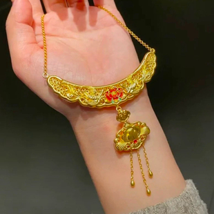 黄金色凤凰祥云项链新中式拍照摆台莲花套链婚嫁结婚订婚仿真三金