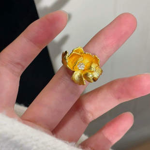芍药花沙金戒指女仿真黄金拉丝花朵指环新中式轻奢高级精致食指戒