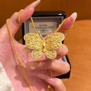 韦雪同款花丝大蝴蝶沙金吊坠项链女点钻镂空仿真黄金锁骨链毛衣链