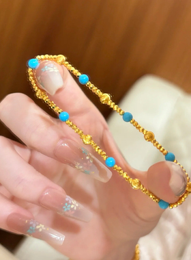 拉丝猫眼刻面沙金手链绿松石转运珠仿真黄金手串金店同款送女友