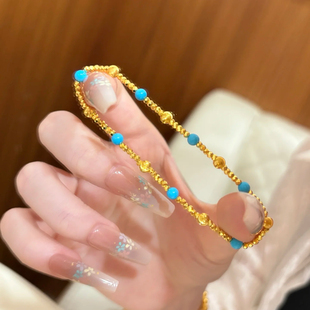 拉丝猫眼刻面沙金手链绿松石转运珠仿真黄金手串金店同款送女友