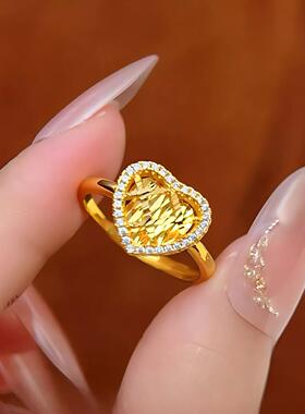 爱心方糖戒指沙金仿真黄金色指环碎冰冰点钻食指戒轻奢高级感心形